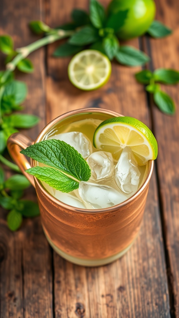 A Gin Mule cocktail in a copper mug with ice, garnished with lime and mint.